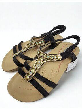 J.J's Footwear Brown T-Strap Rhinestone Slingback Sandals Rainbow AB Rhinestones